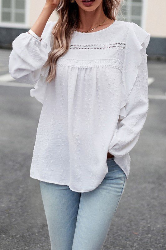 Lace Eyelet Ruffle Shoulder Long Sleeve Blouse - Sleekdenim.com