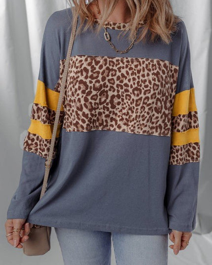 Leopard Patchwork Colorblock Drop Shoulder Top - Sleekdenim.com
