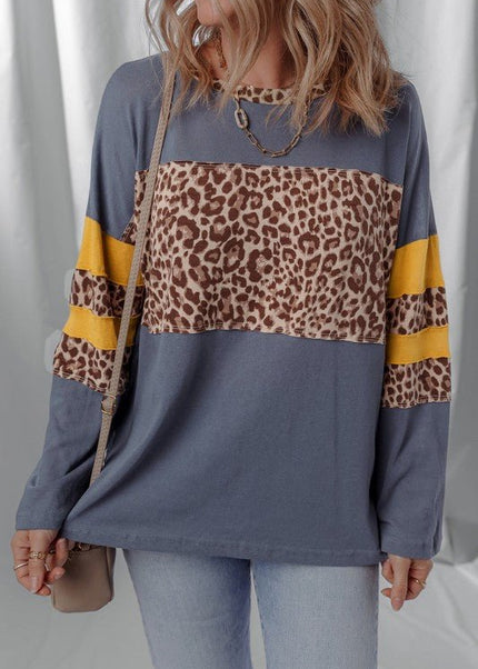 Leopard Patchwork Colorblock Drop Shoulder Top - Sleekdenim.com