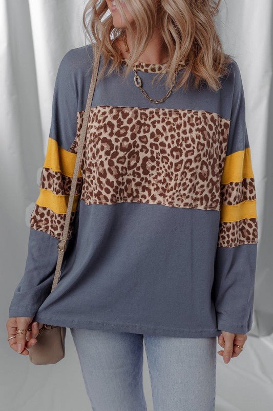 Leopard Patchwork Colorblock Drop Shoulder Top - Sleekdenim.com
