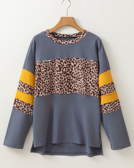 Leopard Patchwork Colorblock Drop Shoulder Top - Sleekdenim.com