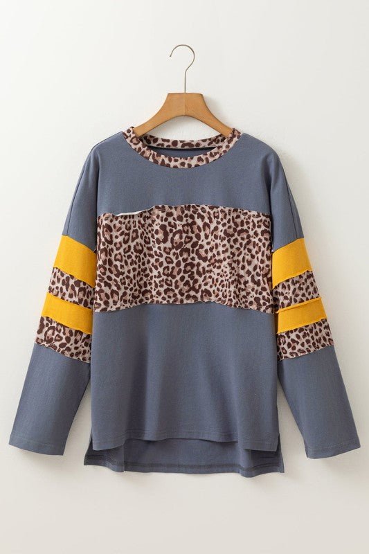 Leopard Patchwork Colorblock Drop Shoulder Top - Sleekdenim.com