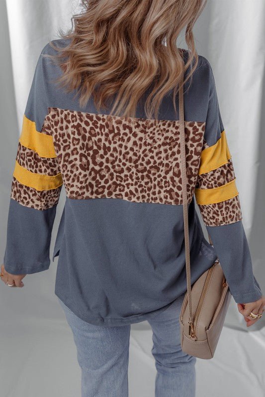 Leopard Patchwork Colorblock Drop Shoulder Top - Sleekdenim.com