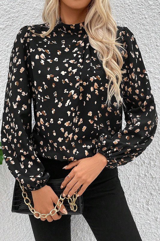 Leopard Print Puff Sleeve Mock Neck Pleated Blouse - Sleekdenim.com