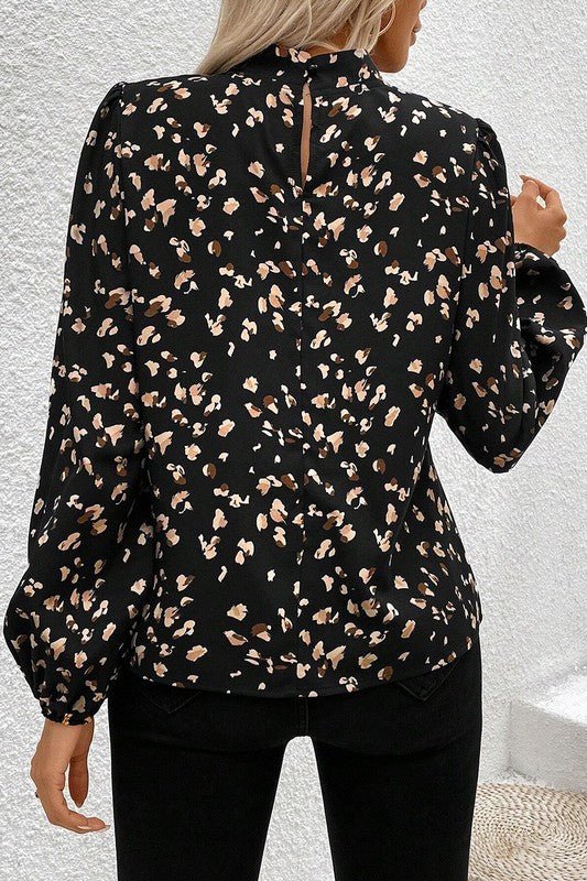 Leopard Print Puff Sleeve Mock Neck Pleated Blouse - Sleekdenim.com