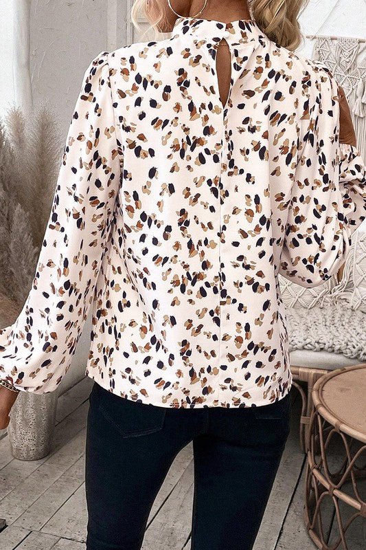 Leopard Print Puff Sleeve Mock Neck Pleated Blouse - Sleekdenim.com
