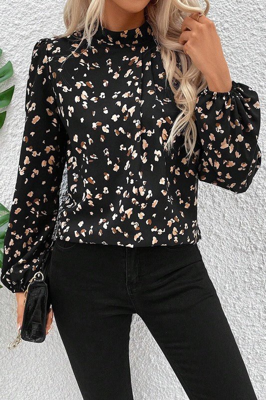 Leopard Print Puff Sleeve Mock Neck Pleated Blouse - Sleekdenim.com