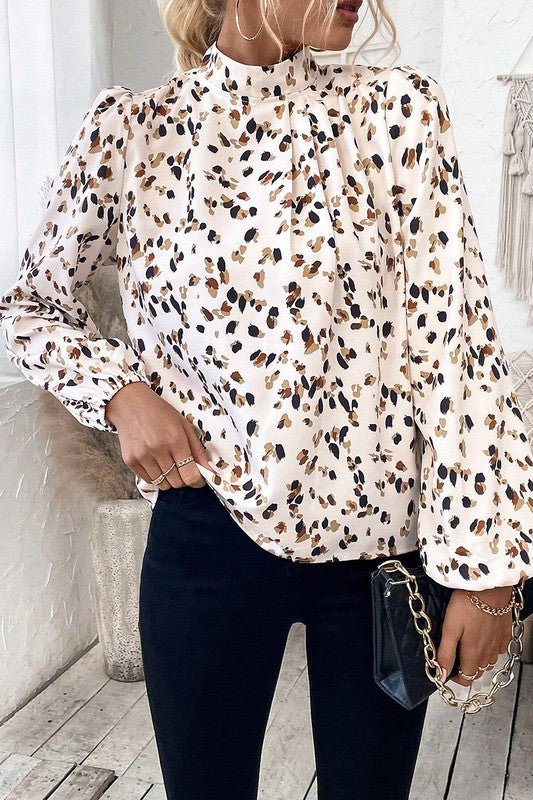 Leopard Print Puff Sleeve Mock Neck Pleated Blouse - Sleekdenim.com