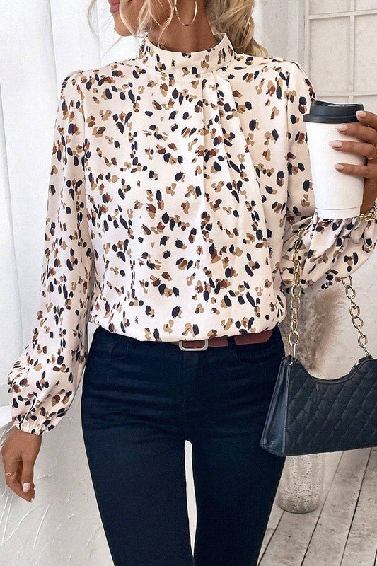 Leopard Print Puff Sleeve Mock Neck Pleated Blouse - Sleekdenim.com