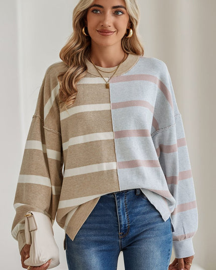 Light Beige Striped Colorblock Drop Shoulder Sweater - Sleekdenim.com