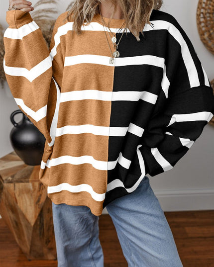 Light Beige Striped Colorblock Drop Shoulder Sweater - Sleekdenim.com