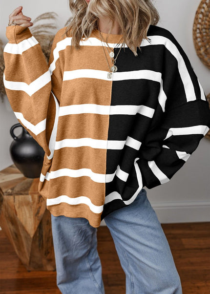 Light Beige Striped Colorblock Drop Shoulder Sweater - Sleekdenim.com