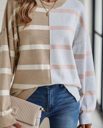 Light Beige Striped Colorblock Drop Shoulder Sweater - Sleekdenim.com