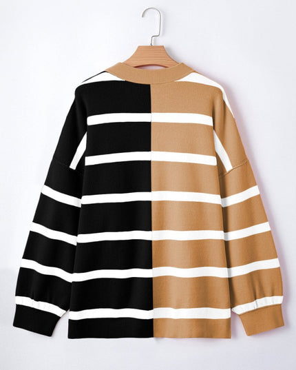 Light Beige Striped Colorblock Drop Shoulder Sweater - Sleekdenim.com