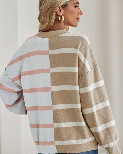 Light Beige Striped Colorblock Drop Shoulder Sweater - Sleekdenim.com