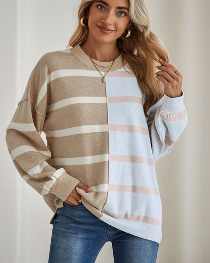 Light Beige Striped Colorblock Drop Shoulder Sweater - Sleekdenim.com