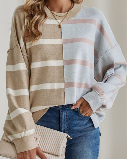 Light Beige Striped Colorblock Drop Shoulder Sweater - Sleekdenim.com