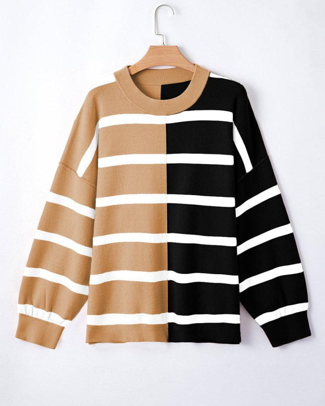 Light Beige Striped Colorblock Drop Shoulder Sweater - Sleekdenim.com