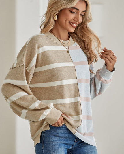 Light Beige Striped Colorblock Drop Shoulder Sweater - Sleekdenim.com