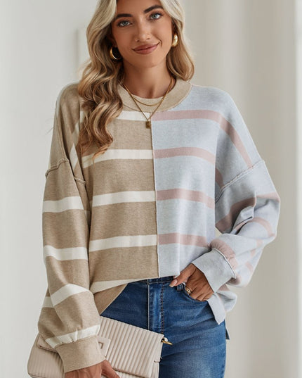 Light Beige Striped Colorblock Drop Shoulder Sweater - Sleekdenim.com