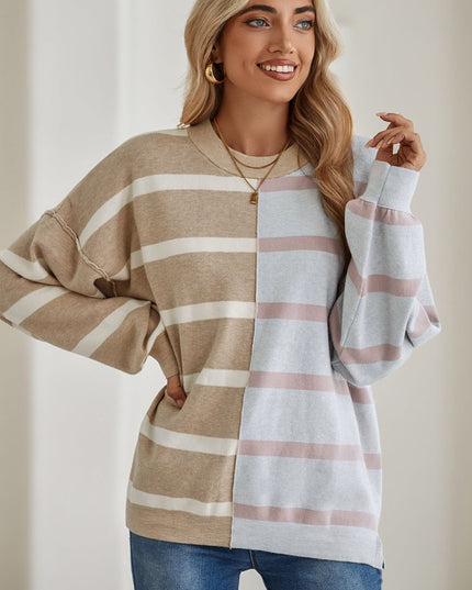 Light Beige Striped Colorblock Drop Shoulder Sweater - Sleekdenim.com