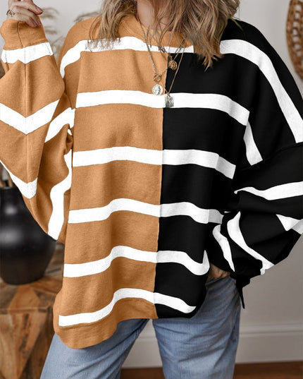 Light Beige Striped Colorblock Drop Shoulder Sweater - Sleekdenim.com