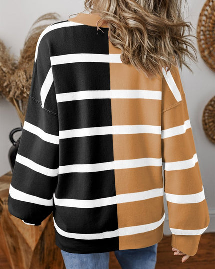 Light Beige Striped Colorblock Drop Shoulder Sweater - Sleekdenim.com