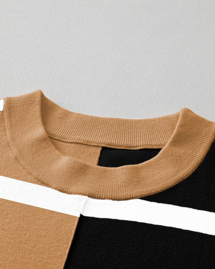 Light Beige Striped Colorblock Drop Shoulder Sweater - Sleekdenim.com