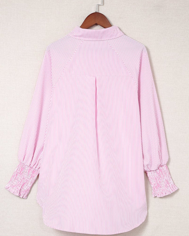 Light Blue Casual Striped Shirred Cuffs Shirt - Sleekdenim.com