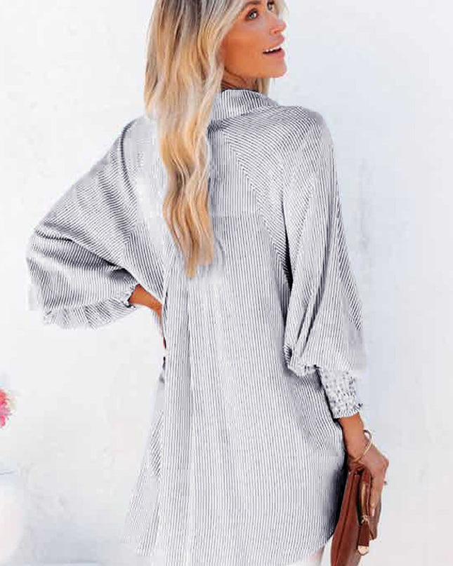 Light Blue Casual Striped Shirred Cuffs Shirt - Sleekdenim.com