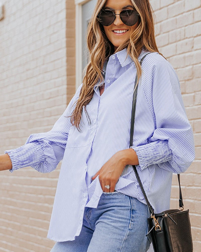 Light Blue Casual Striped Shirred Cuffs Shirt - Sleekdenim.com