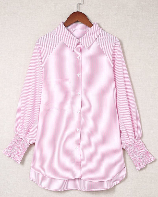 Light Blue Casual Striped Shirred Cuffs Shirt - Sleekdenim.com