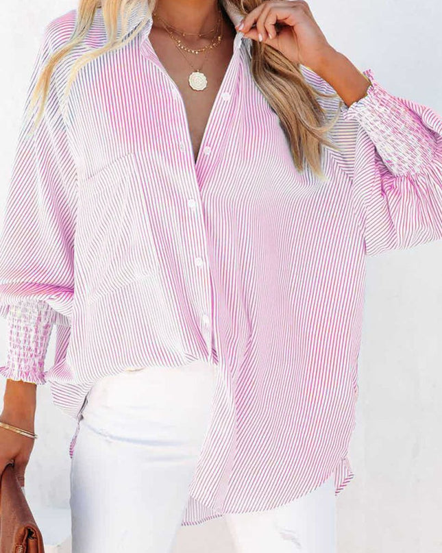 Light Blue Casual Striped Shirred Cuffs Shirt - Sleekdenim.com