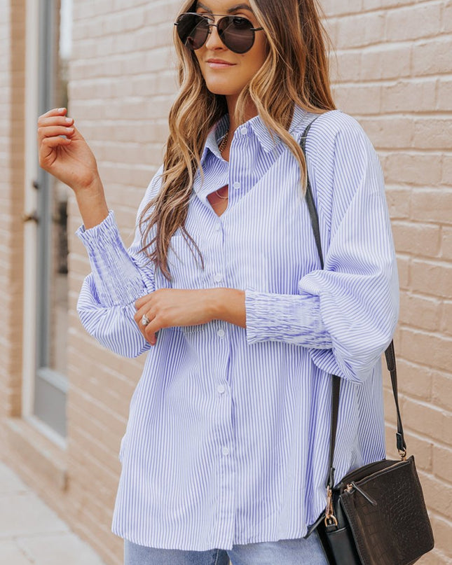 Light Blue Casual Striped Shirred Cuffs Shirt - Sleekdenim.com