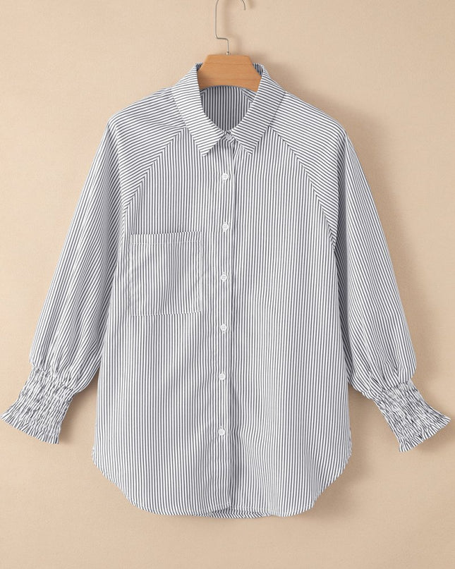 Light Blue Casual Striped Shirred Cuffs Shirt - Sleekdenim.com