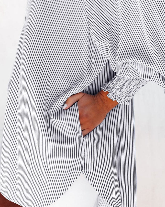 Light Blue Casual Striped Shirred Cuffs Shirt - Sleekdenim.com