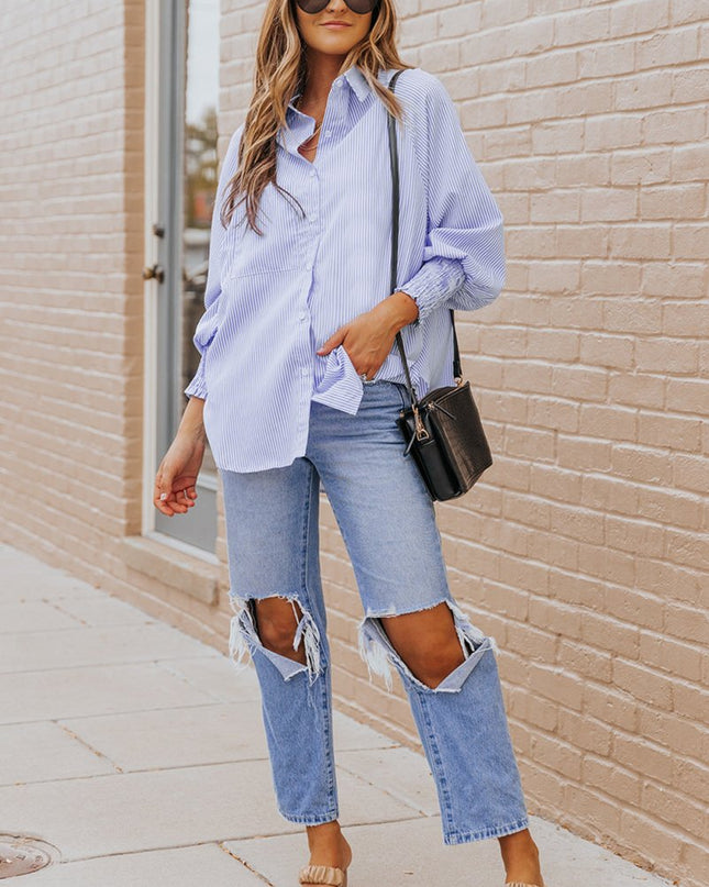 Light Blue Casual Striped Shirred Cuffs Shirt - Sleekdenim.com