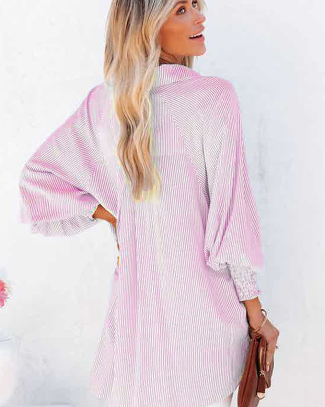 Light Blue Casual Striped Shirred Cuffs Shirt - Sleekdenim.com