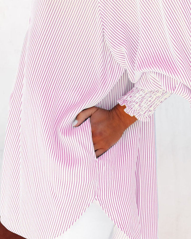 Light Blue Casual Striped Shirred Cuffs Shirt - Sleekdenim.com