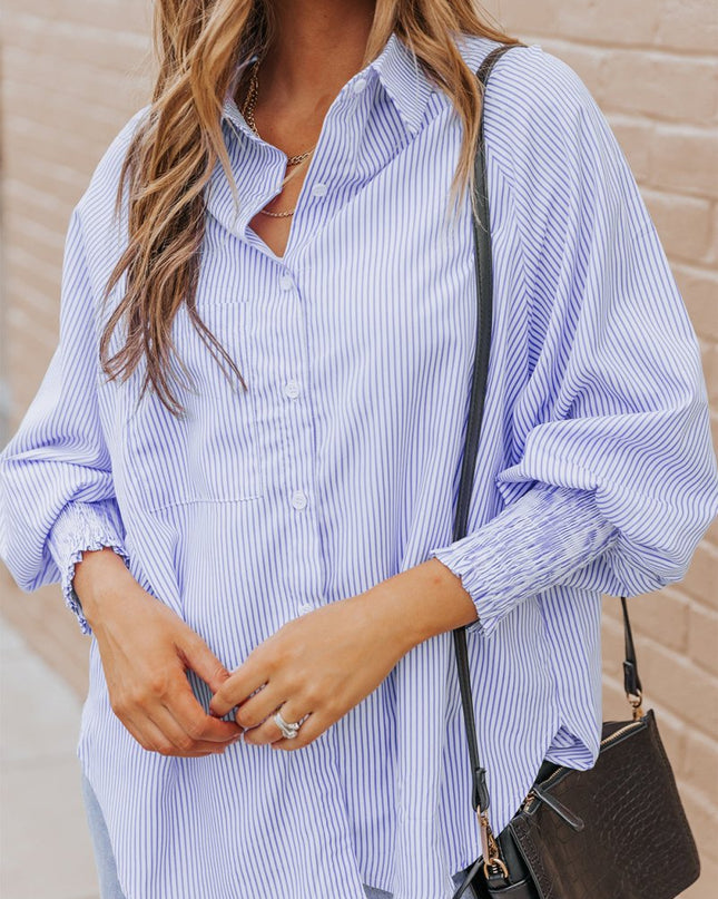 Light Blue Casual Striped Shirred Cuffs Shirt - Sleekdenim.com