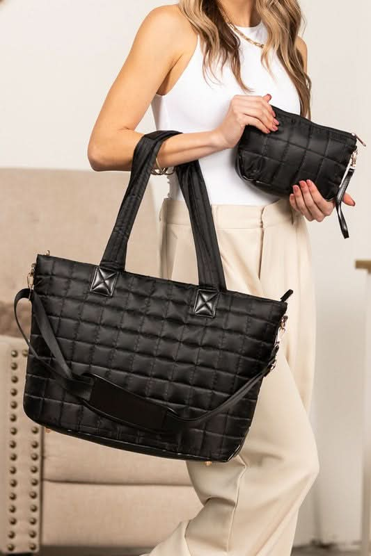 Mila Quilted Traveler Tote with Mini Clutch - Sleekdenim.com