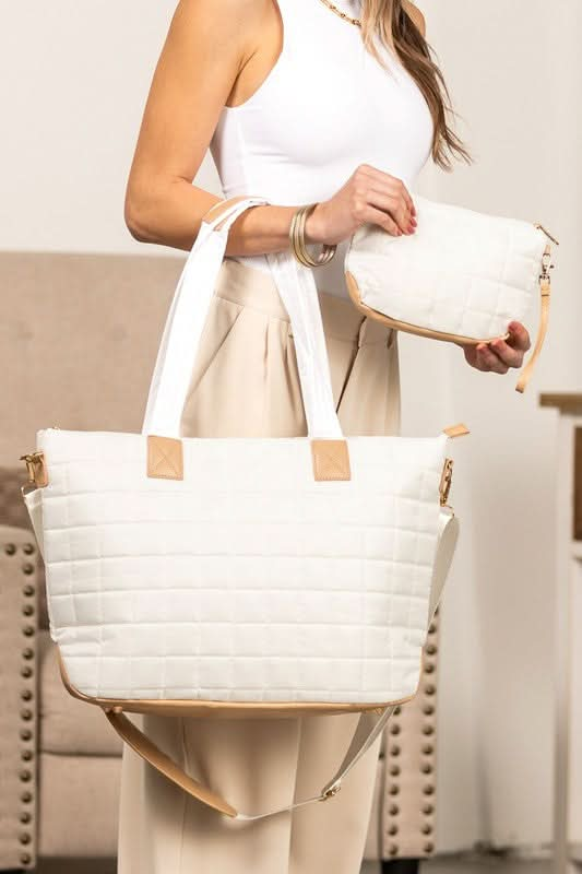 Mila Quilted Traveler Tote with Mini Clutch - Sleekdenim.com