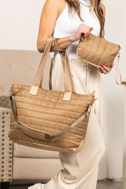 Mila Quilted Traveler Tote with Mini Clutch - Sleekdenim.com