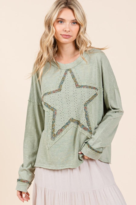 Mittoshop Mineral Wash Star Patch Long Sleeve T-Shirt - Sleekdenim.com