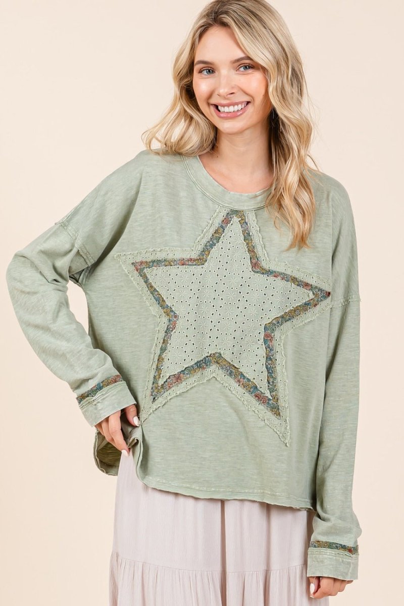 Mittoshop Mineral Wash Star Patch Long Sleeve T-Shirt - Sleekdenim.com