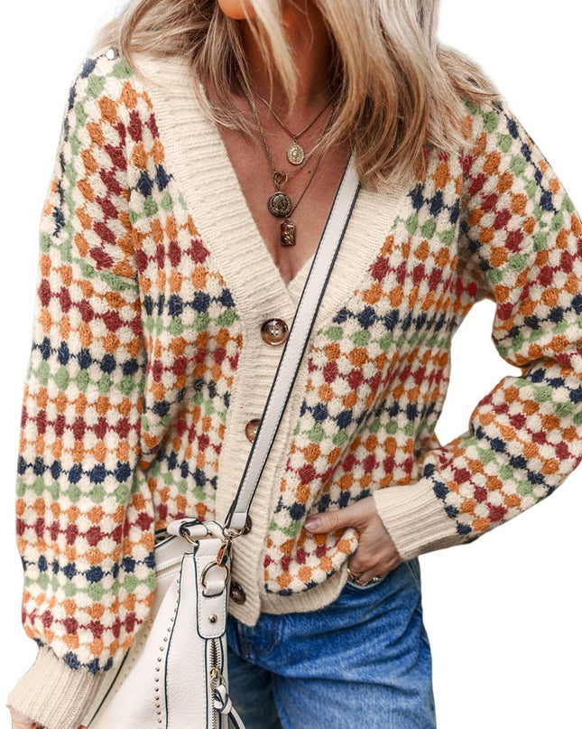 Multicolour Dotty Pattern Button Front V Neck Knit Cardigan - Sleekdenim.com