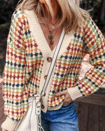 Multicolour Dotty Pattern Button Front V Neck Knit Cardigan - Sleekdenim.com