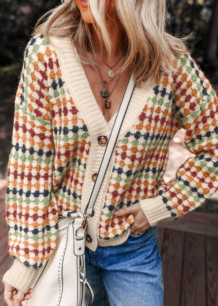 Multicolour Dotty Pattern Button Front V Neck Knit Cardigan - Sleekdenim.com