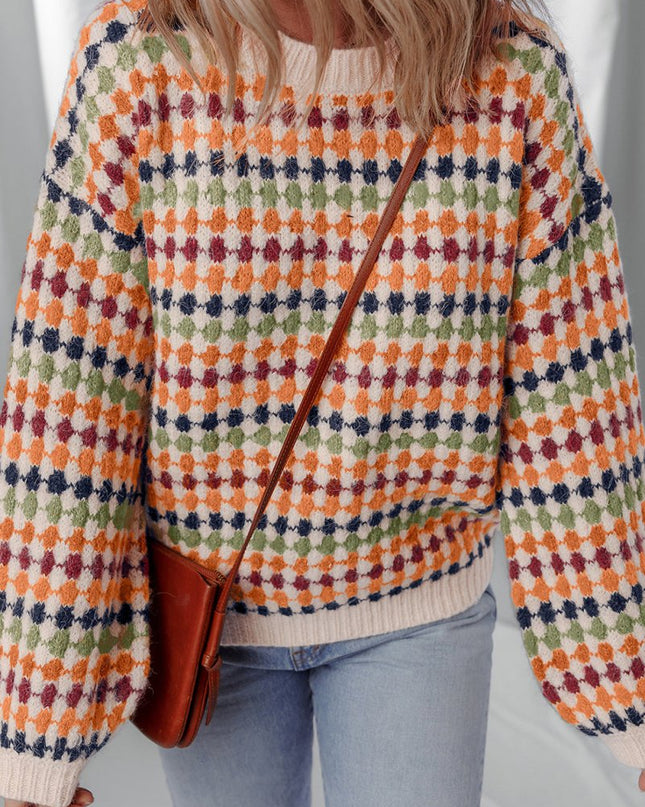 Multicolour Dotty Striped Pattern Knit Drop Shoulder Sweater - Sleekdenim.com