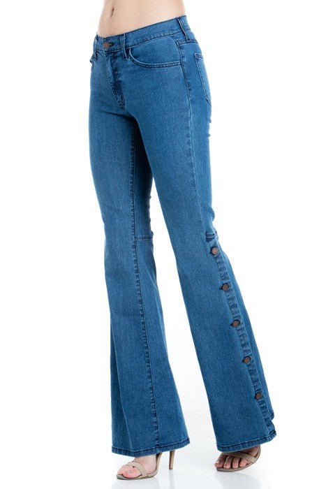 O2 Denim Mid - Rise Side Leg Button Detail Flare Jeans - Sleekdenim.com